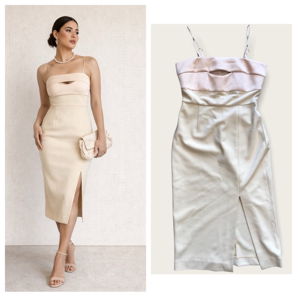 Cream Bodycon Midi Dress Size 4 Old Money Wedding Guest Minimalist Glam